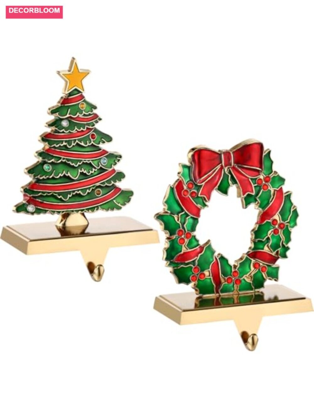 Set of 2 Christmas Stocking Holders Metal Mantel Fireplace Hooks Tree Wreath